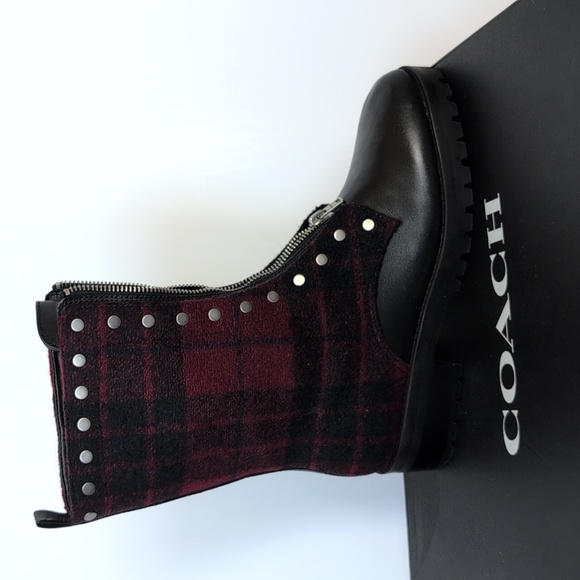 COACH Red Plaid & Leather Studded Combat Boot NIB 9 - Picture 4 of 11